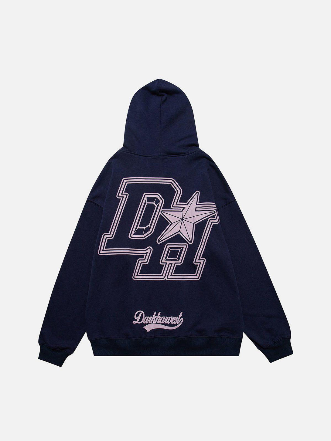 Back view of blue hoodie featuring a vintage "DH" print, designed by TALISHKO.