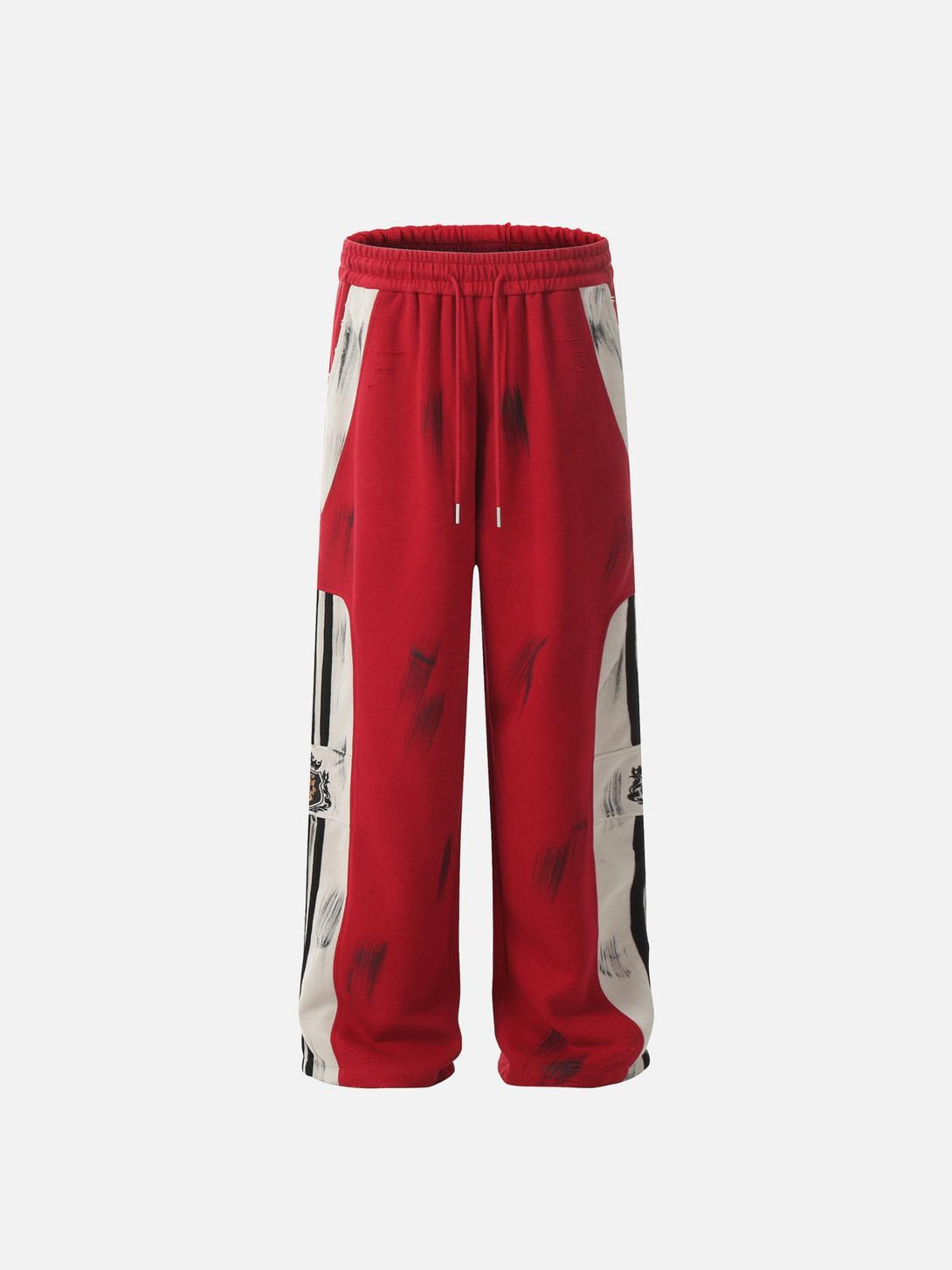 Front view of TALISHKO vintage red sweatpants with black and white brushstroke pattern.