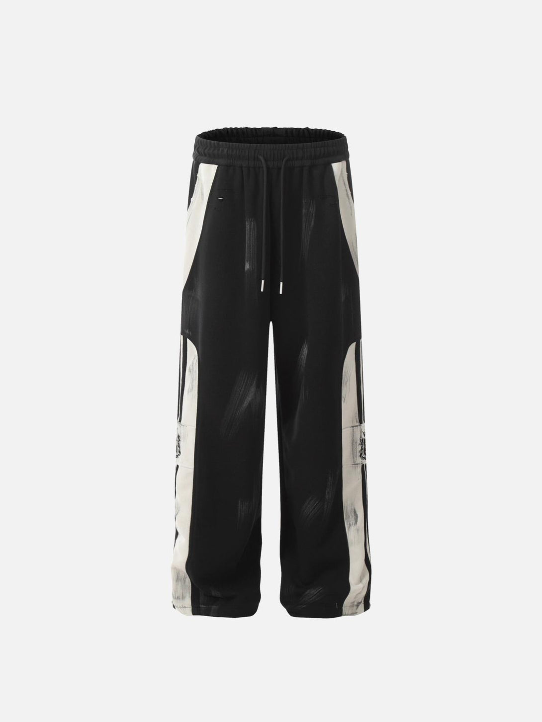 Front view of TALISHKO vintage black sweatpants with bold brushstroke pattern for urban style.