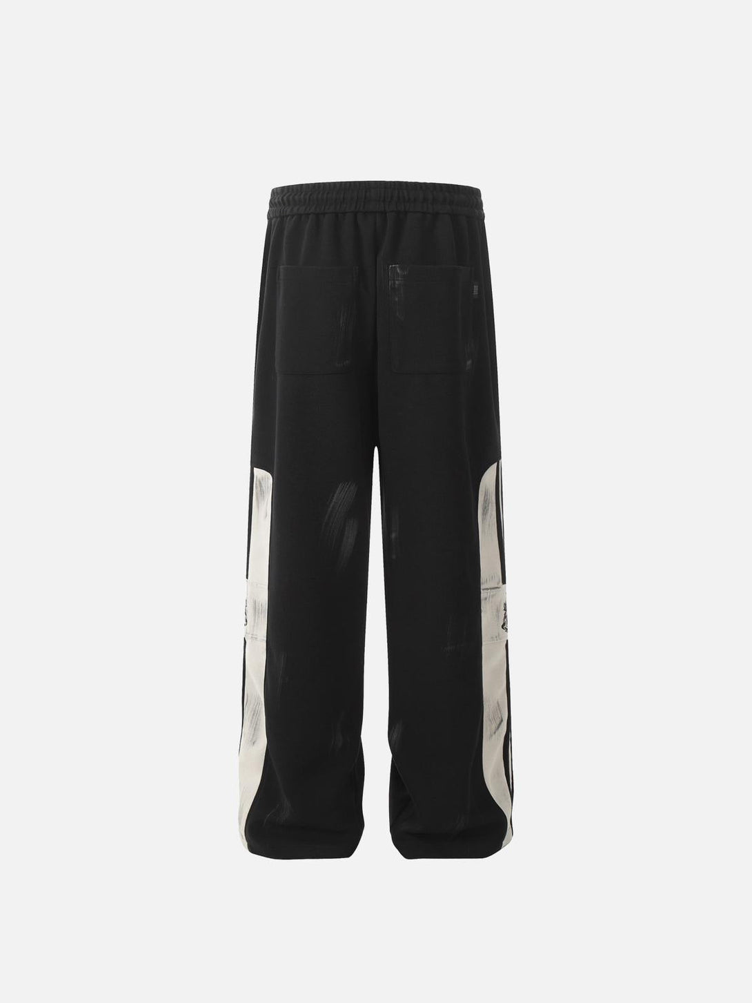 Front view of TALISHKO vintage black sweatpants with striking brushstroke design for urban flair.
