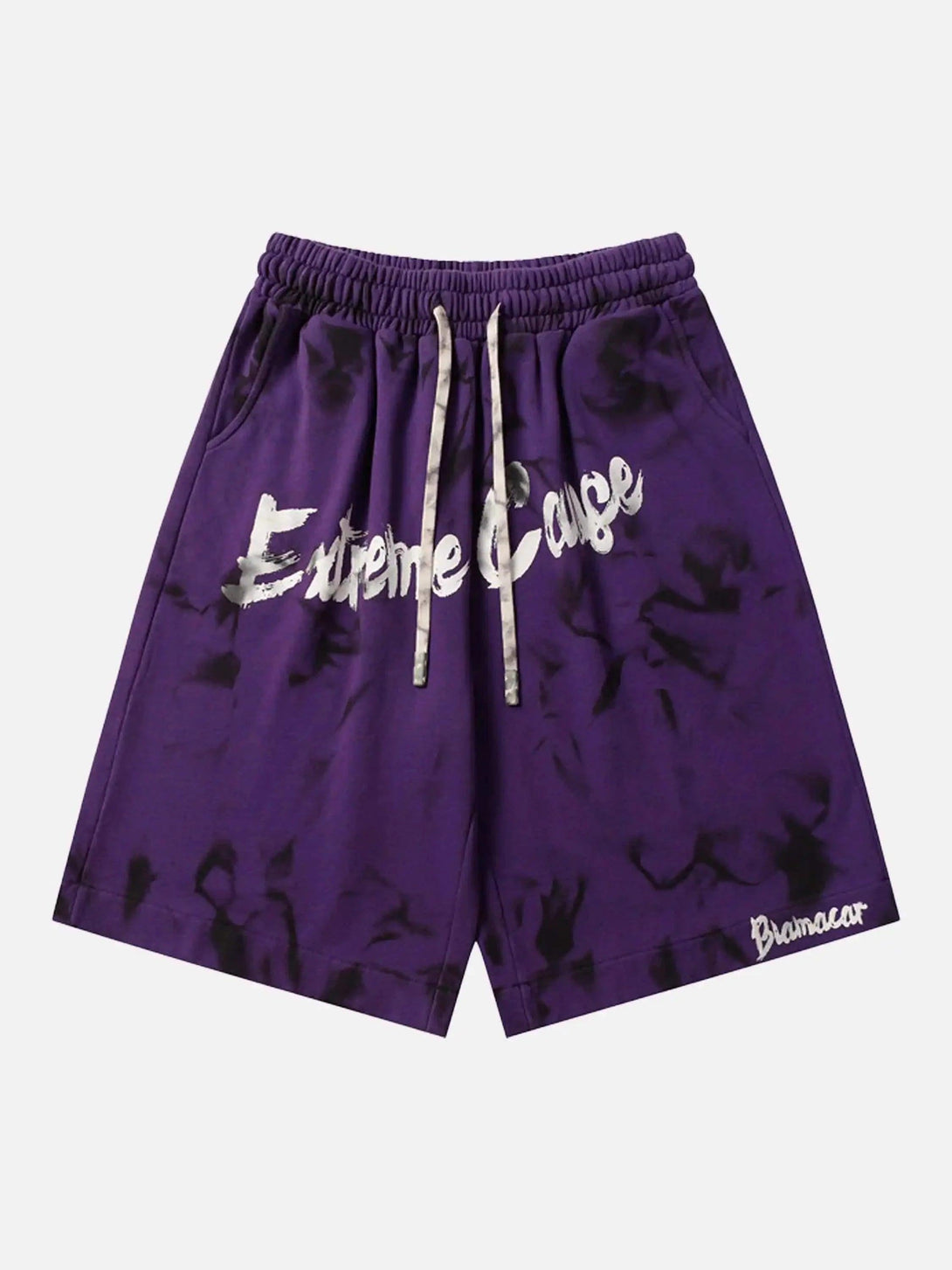 Front view of purple loose shorts with elastic drawstring, featuring TALISHKO's unique design.