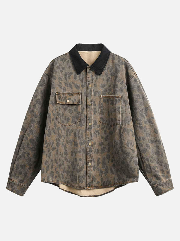 Leopard print denim shirt by TALISHKO, showcasing a vintage style with a distressed finish.