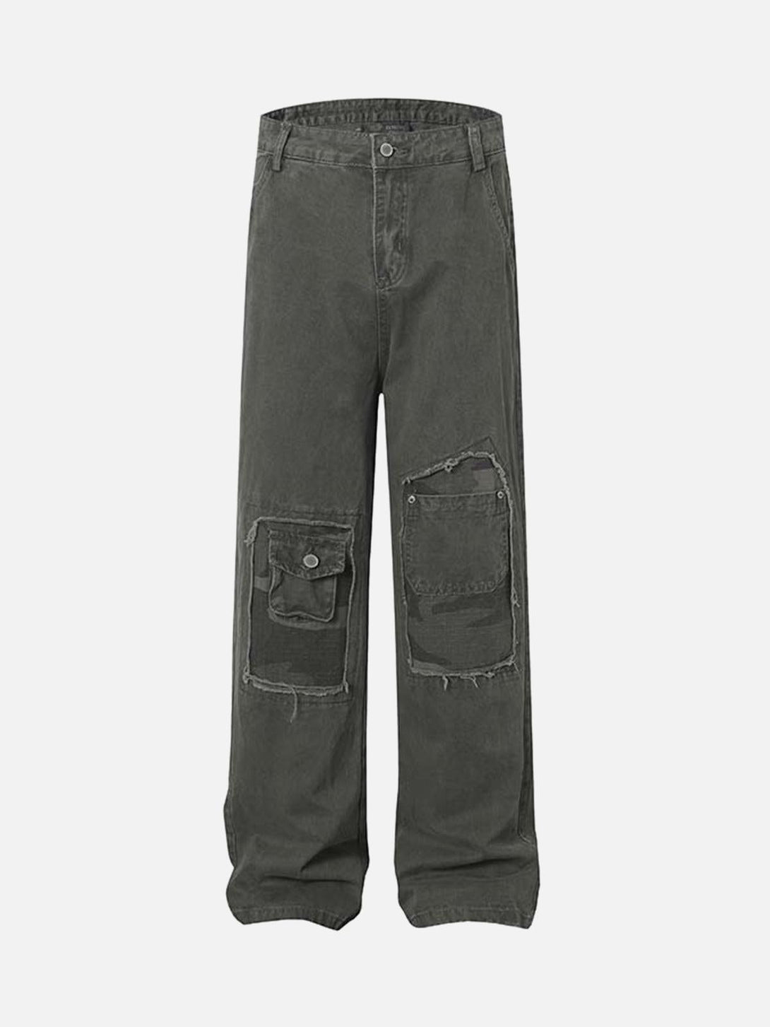 Front view of dark gray vintage distressed cargo pants by TALISHKO, featuring unique pocket details.