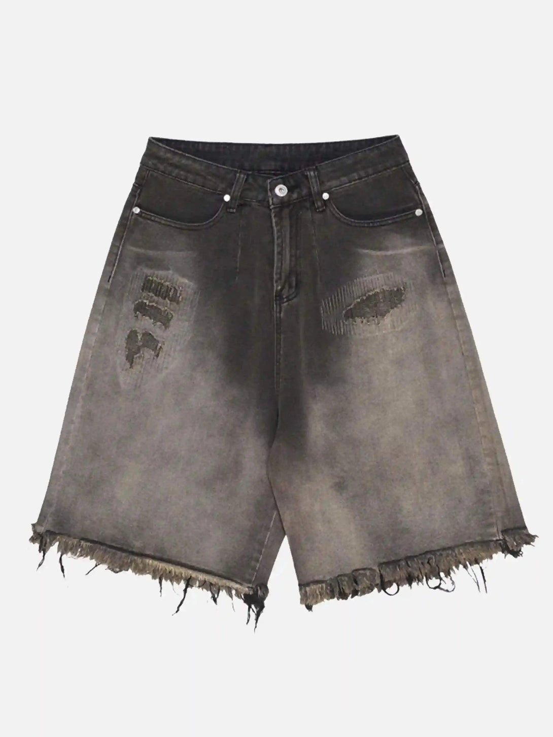 Front view of black vintage distressed denim gradient shorts by TALISHKO, featuring frayed hems.