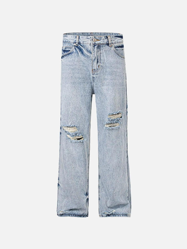 Front view of blue vintage distressed slim straight-leg jeans by TALISHKO, perfect for casual wear.