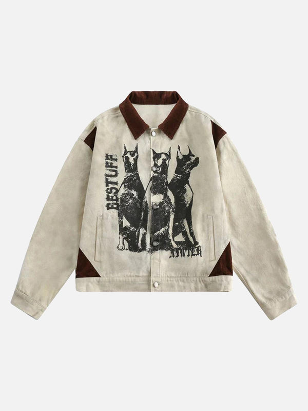 Front view of a beige vintage Doberman graphic jacket by TALISHKO, featuring a bold design.