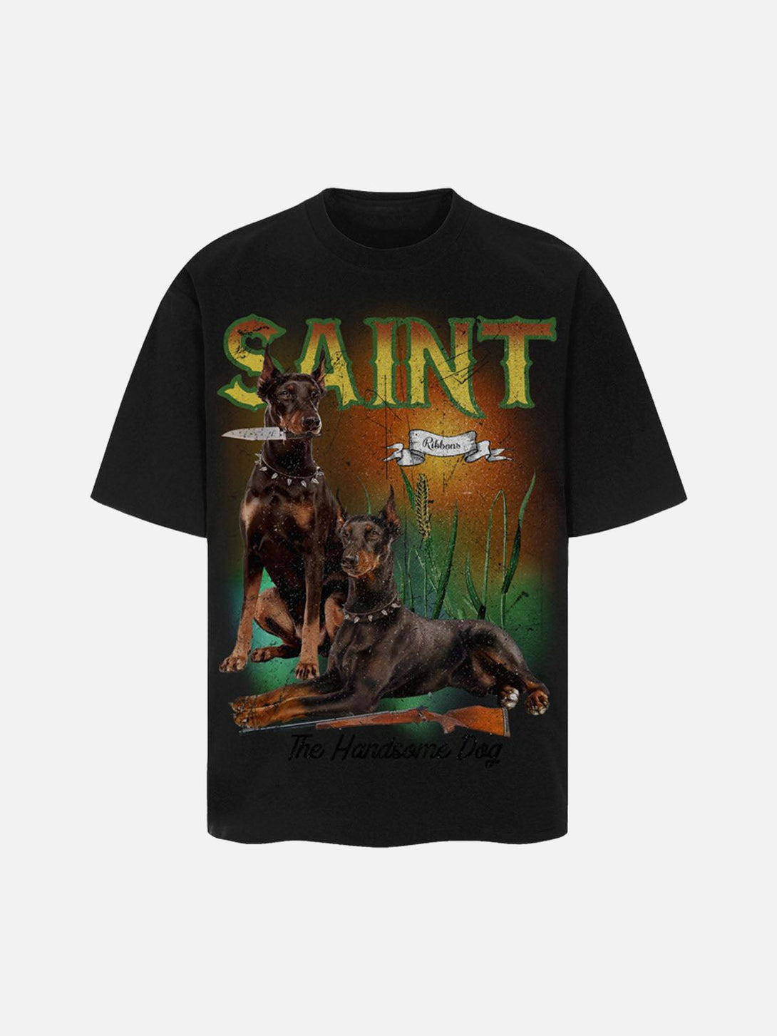 Black vintage Doberman print T-shirt by TALISHKO, showcasing the front design.