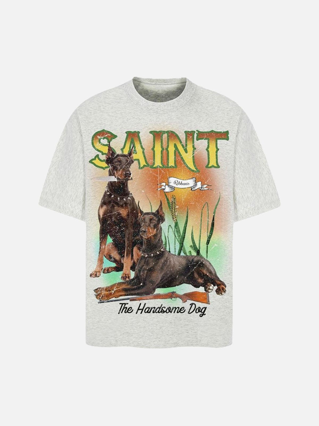 Light gray vintage Doberman print T-shirt by TALISHKO, featuring a front view design.
