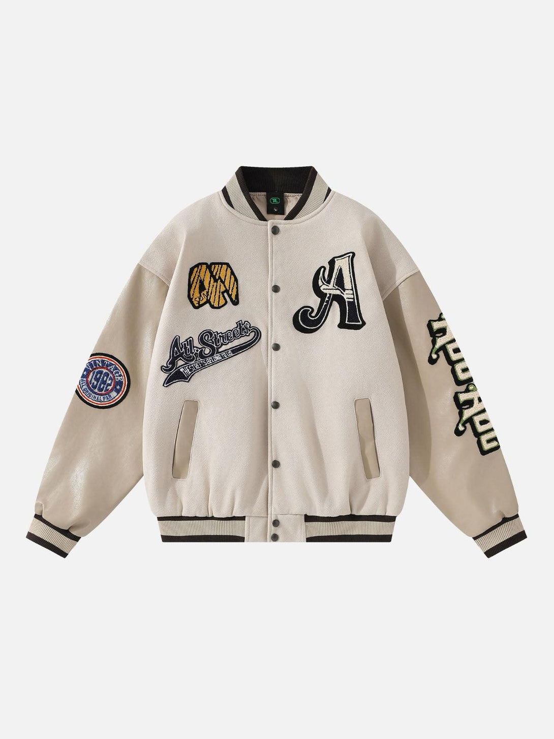 Front view of an apricot vintage embroidered baseball jacket by TALISHKO, capturing urban flair.