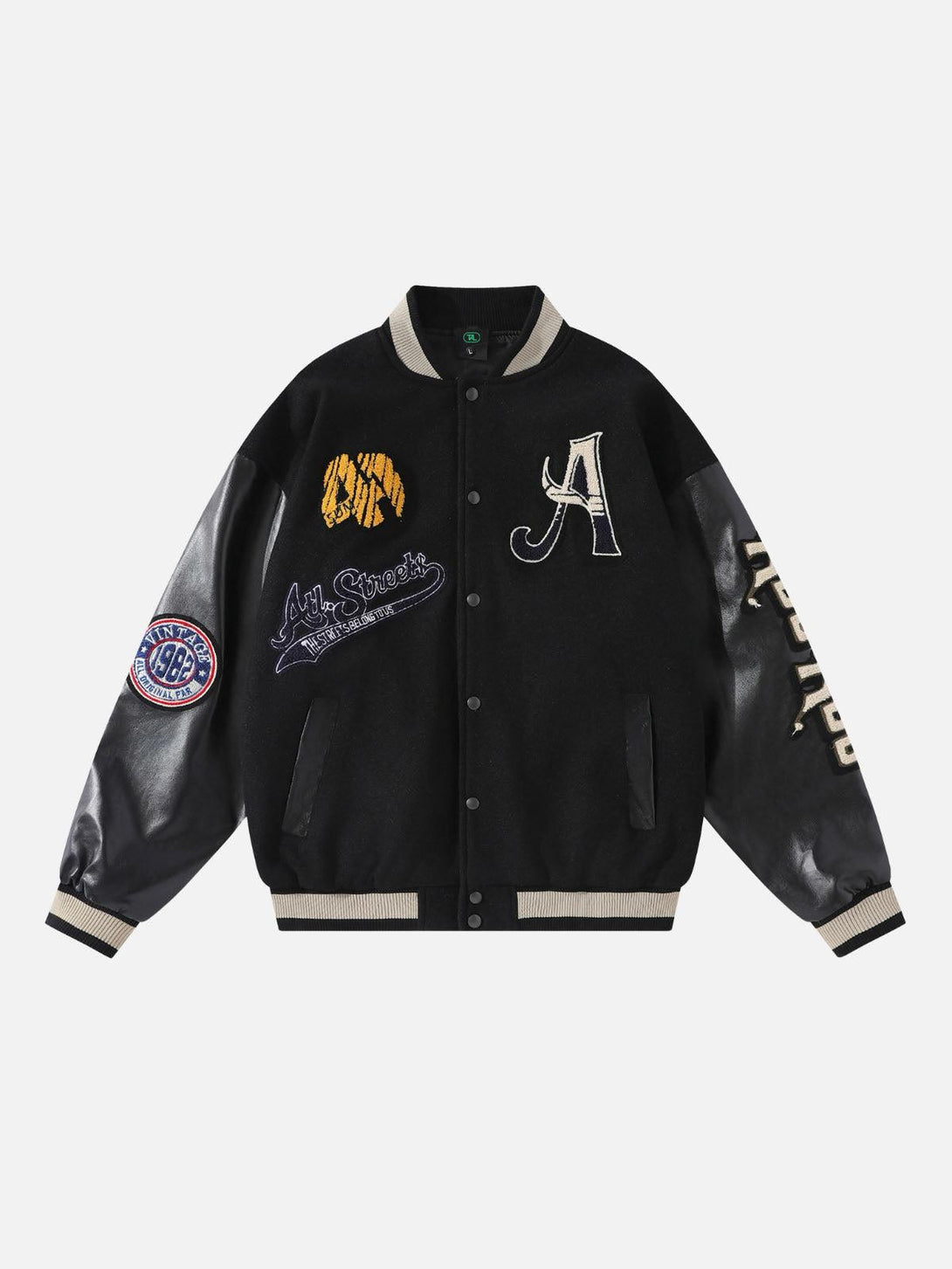 Front view of a black vintage embroidered baseball jacket by TALISHKO, ideal for urban style.