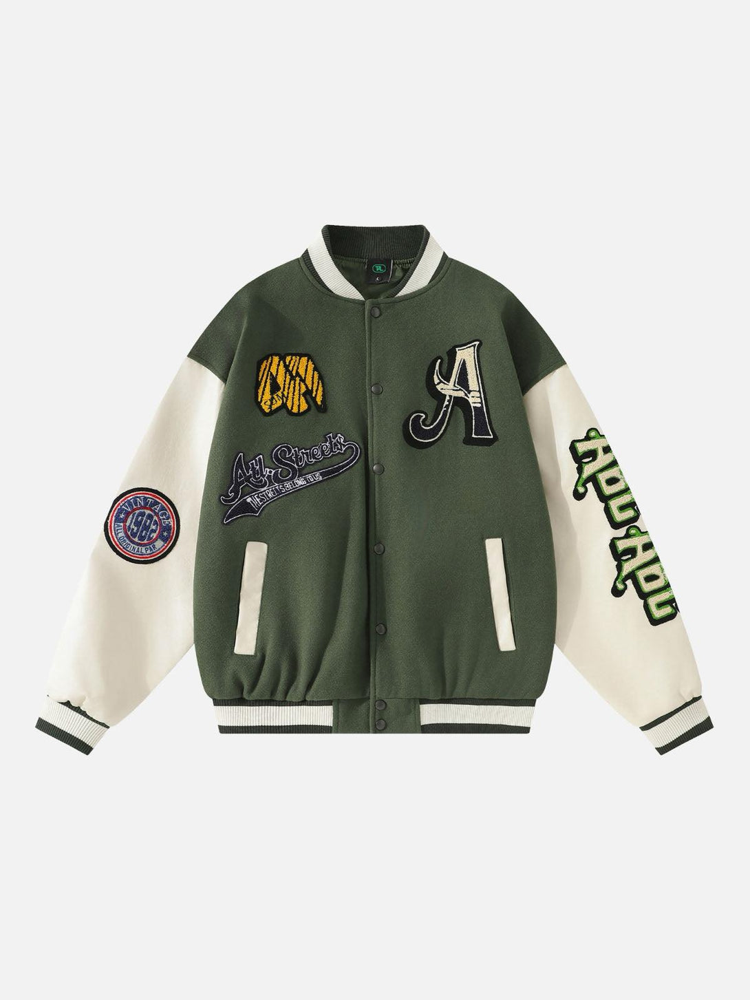 Front view of a green vintage embroidered baseball jacket by TALISHKO, perfect for street style.