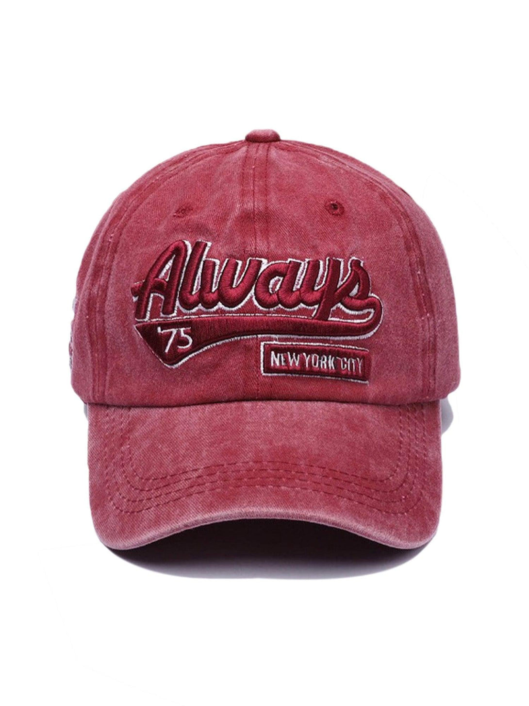 Front view of a red vintage baseball cap with embroidery, perfect for urban style by TALISHKO.