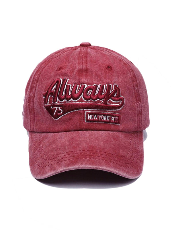 Front view of a red vintage baseball cap with embroidery, perfect for urban style by TALISHKO.