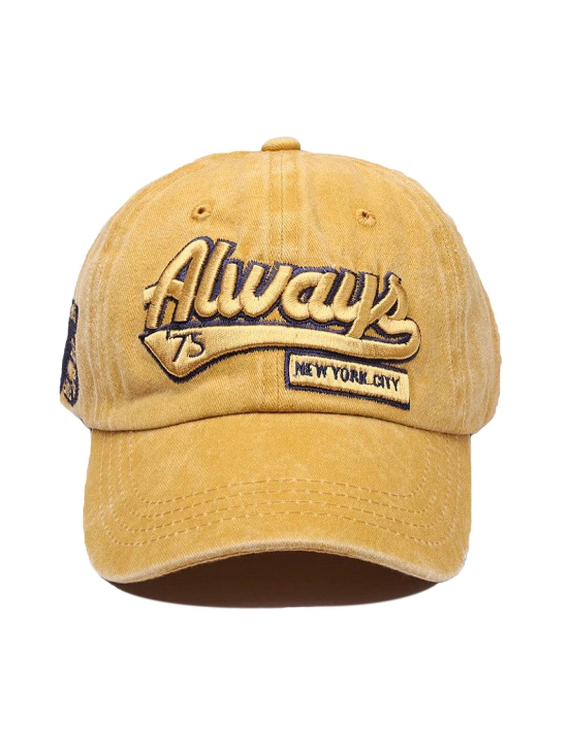 Front view of a yellow embroidered baseball cap by TALISHKO, perfect for a retro street look.