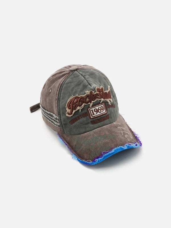 Vintage brown baseball cap with distressed edges and embroidery, designed by TALISHKO.