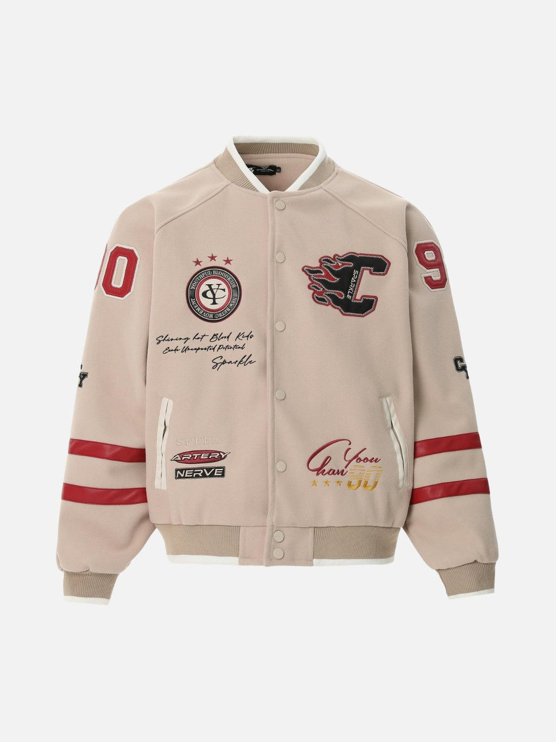 Front view of a beige vintage varsity baseball jacket by TALISHKO with embroidered patches.