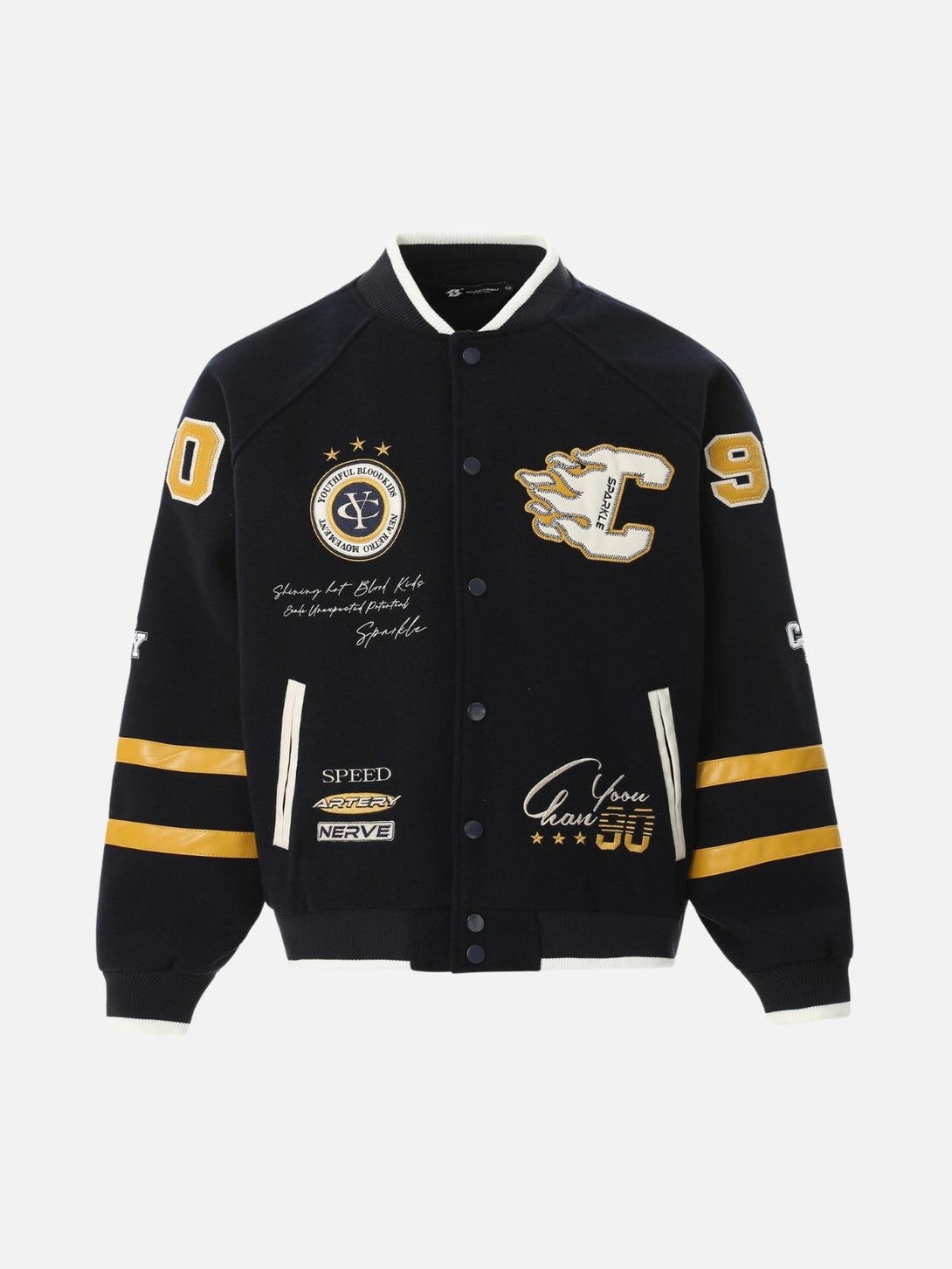 Front view of a black vintage varsity baseball jacket by TALISHKO featuring embroidered patches.