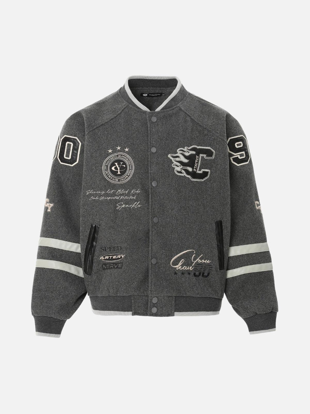 Front view of a gray vintage varsity baseball jacket by TALISHKO with embroidered details.