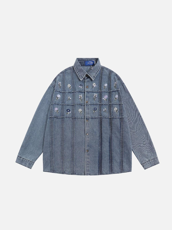 Front view of a blue vintage embroidery cowboy shirt by TALISHKO, featuring floral details.