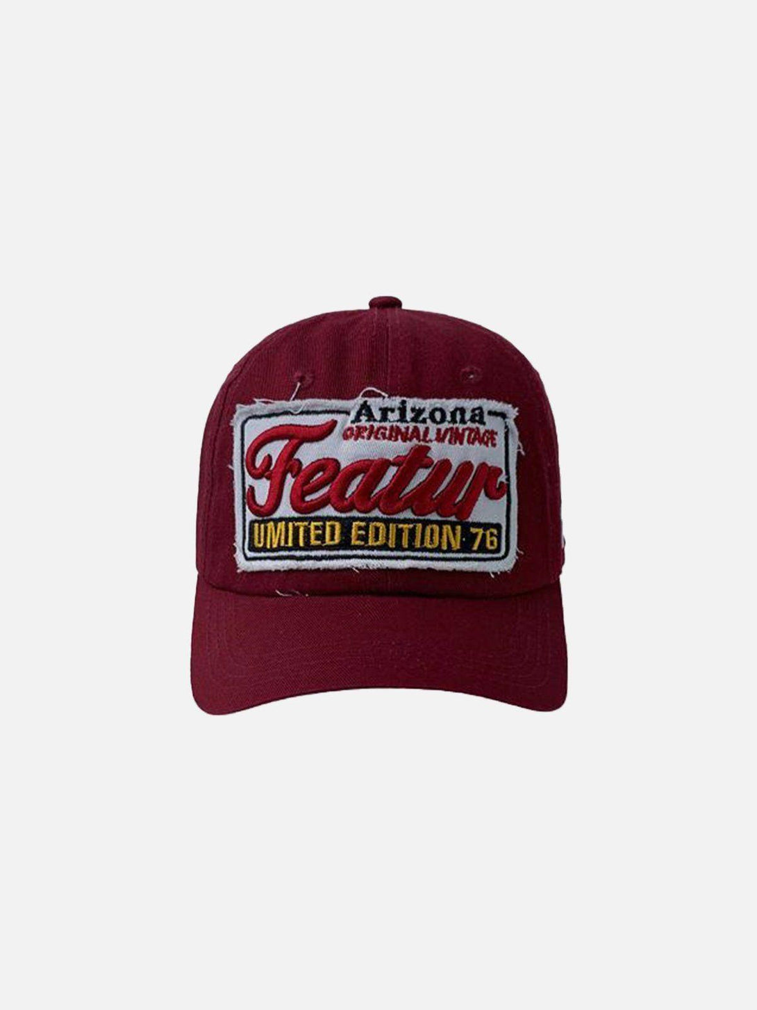 Burgundy vintage embroidery letter cap by TALISHKO, featuring a bold front patch design.