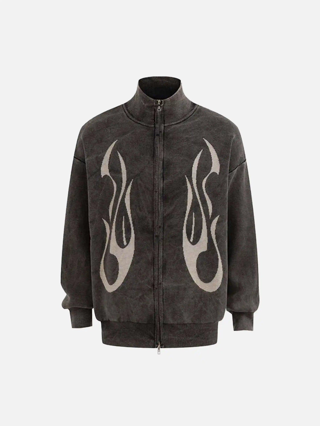 Front view of a black vintage flame jacquard cardigan by TALISHKO, featuring a stand collar.