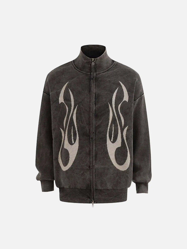 Front view of a black vintage flame jacquard cardigan by TALISHKO, featuring a stand collar.