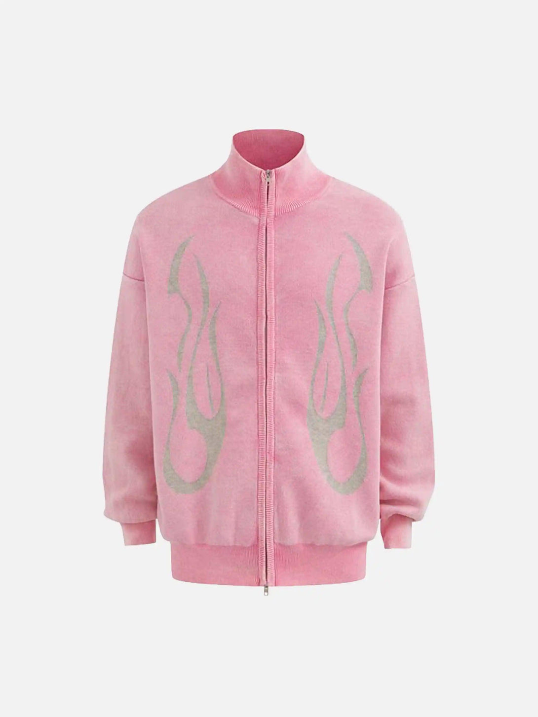 Front view of a pink vintage flame jacquard cardigan by TALISHKO, featuring a stand collar.