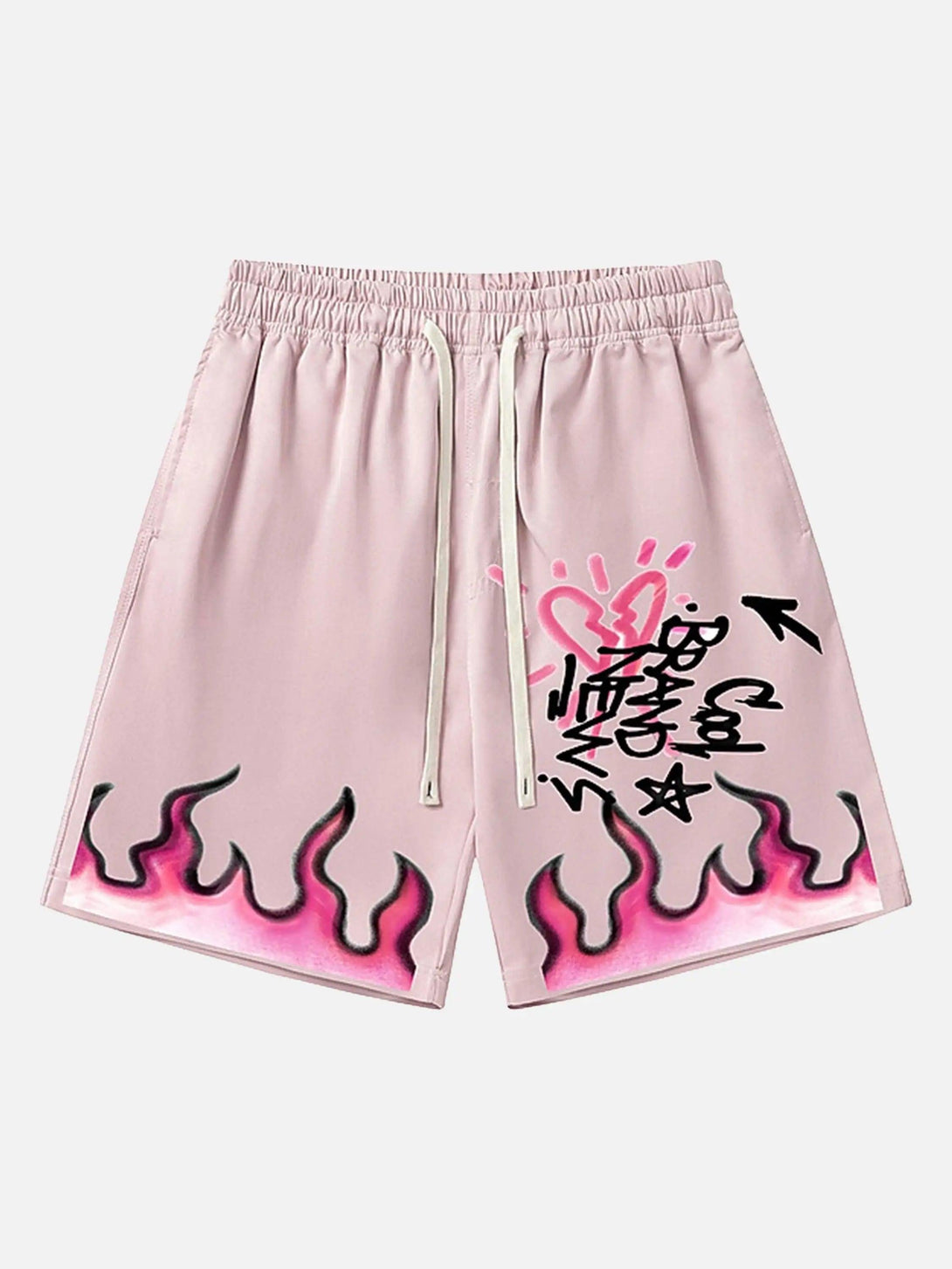 Front view of pink TALISHKO shorts with bold flame and graffiti patterns, ideal for casual wear.
