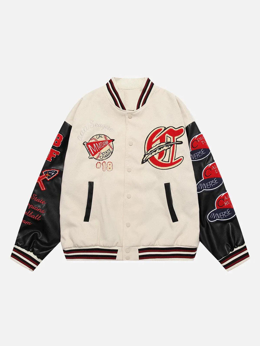 Front view of an apricot varsity jacket by TALISHKO, showcasing vintage flock prints and bold patches.