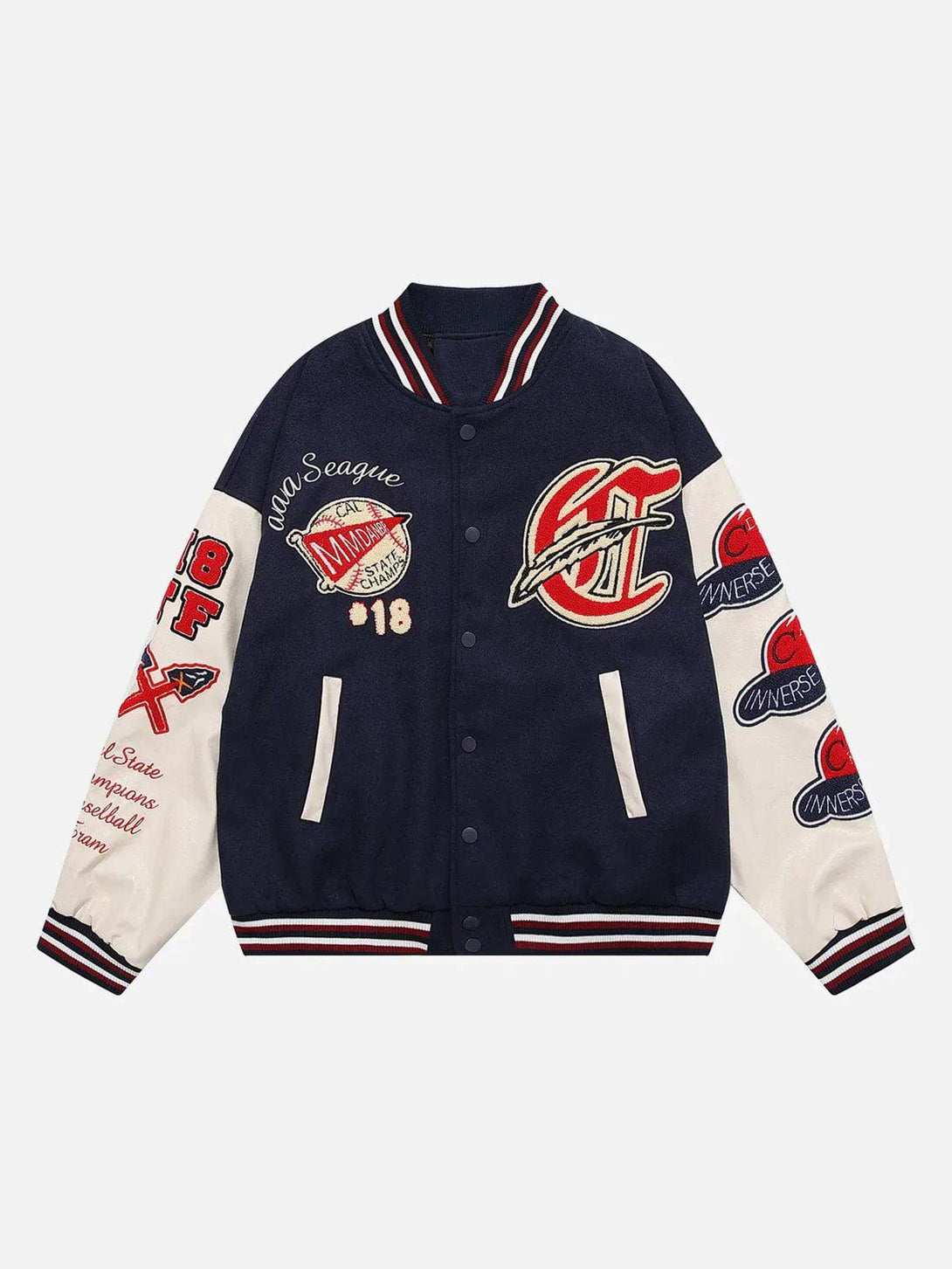 Front view of a dark blue varsity jacket by TALISHKO, featuring vintage flock prints.