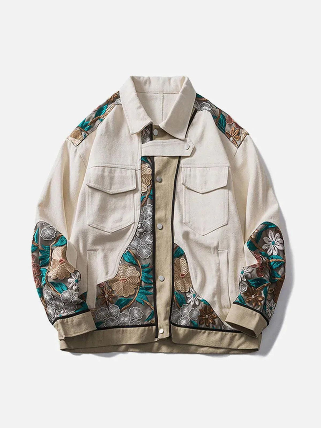 Beige jacket by TALISHKO with intricate floral embroidery, showcasing a unique street style.