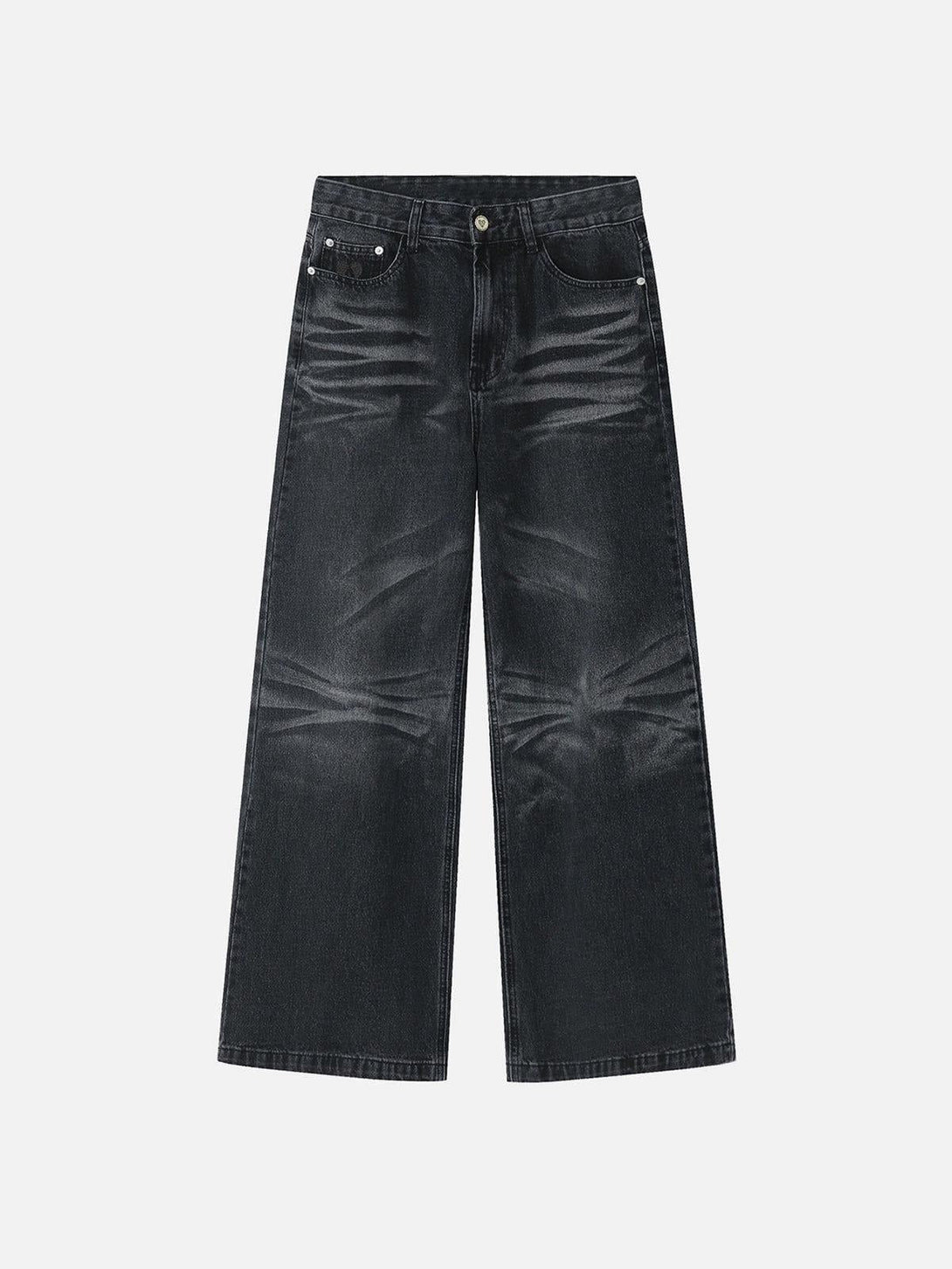 Front view of black vintage folds loose jeans by TALISHKO, showcasing a relaxed street style.