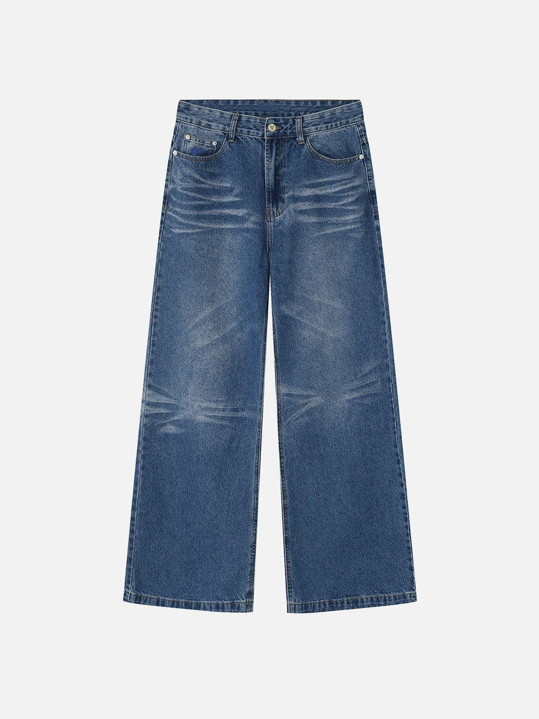 Front view of blue vintage folds loose jeans by TALISHKO, featuring a relaxed, urban style.