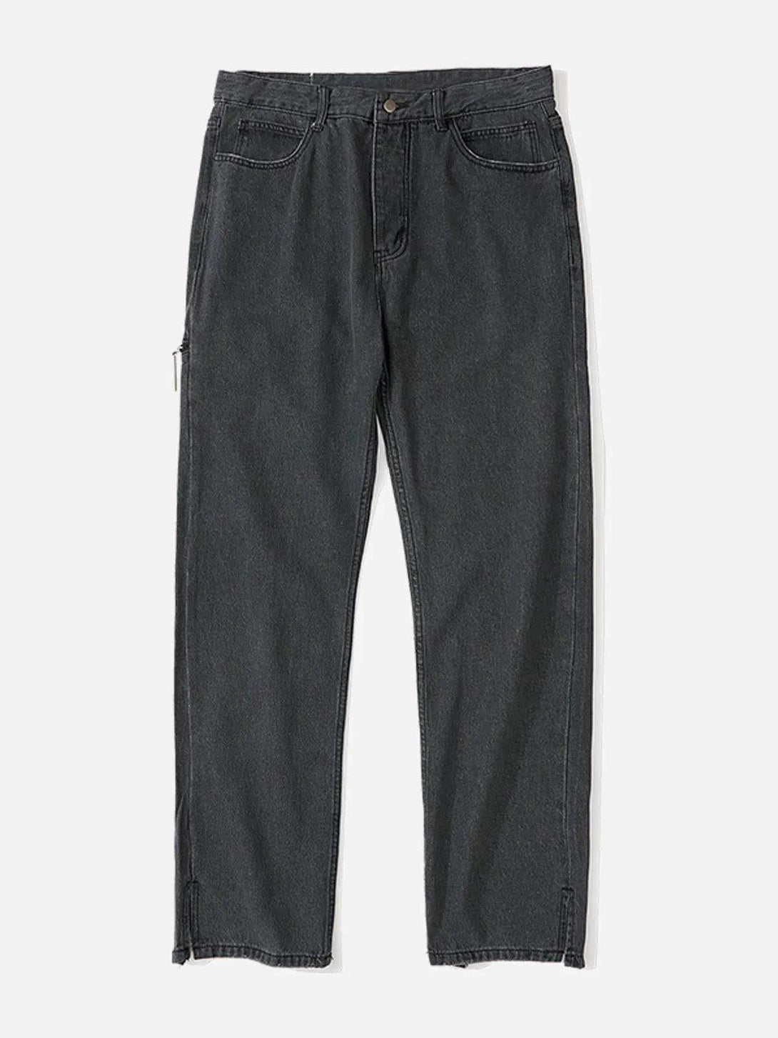 Front view of TALISHKO black vintage frayed wash jeans in a relaxed street style.