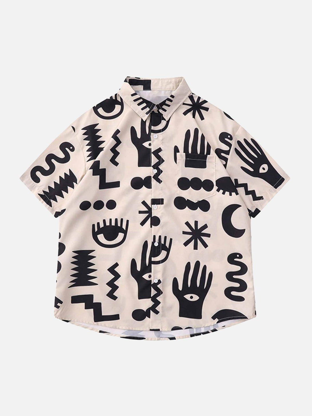 Front view of a beige short sleeve shirt with bold black abstract prints by TALISHKO.