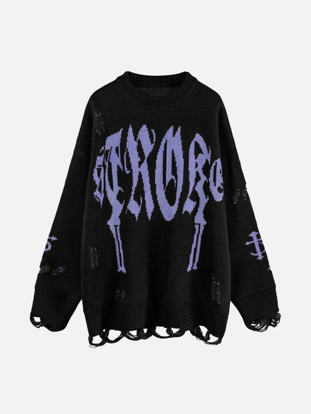 Vintage Gothic ripped sweater in black featuring bold lettering by TALISHKO, front view.
