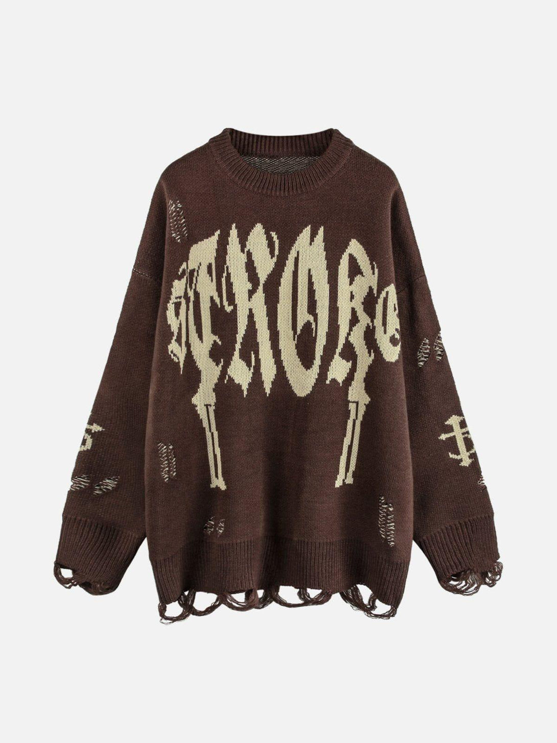 Front view of a coffee-colored vintage Gothic ripped sweater with bold lettering, by TALISHKO.