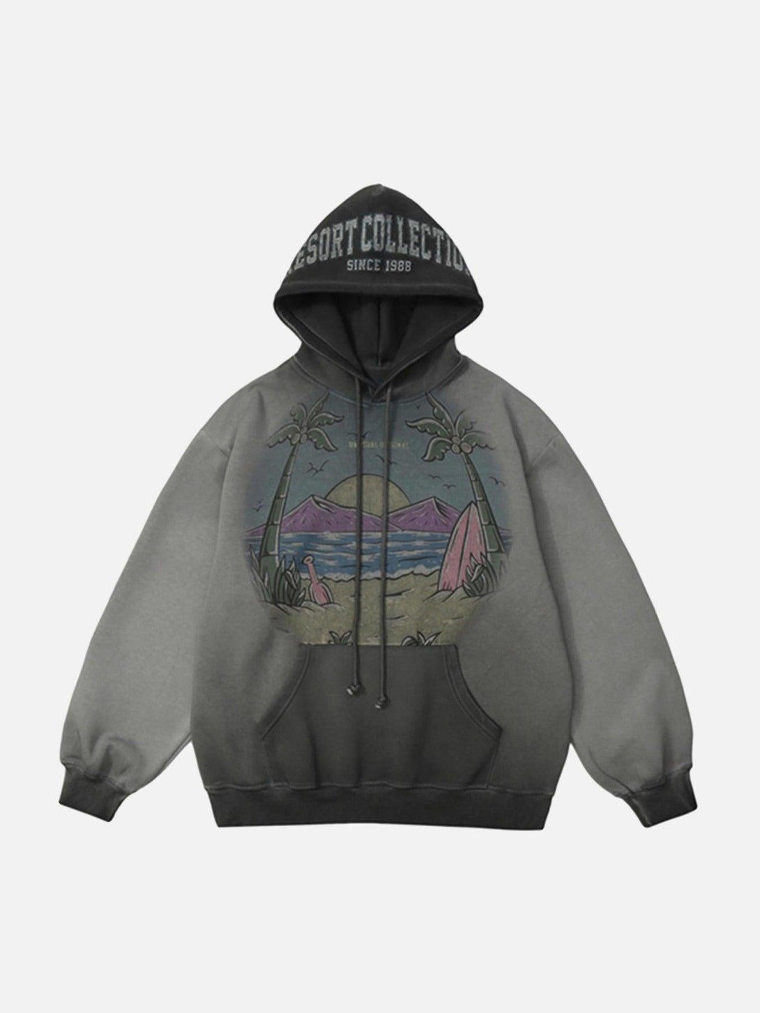TALISHKO gray hooded sweatshirt with a vintage beach scene, front view for casual style.