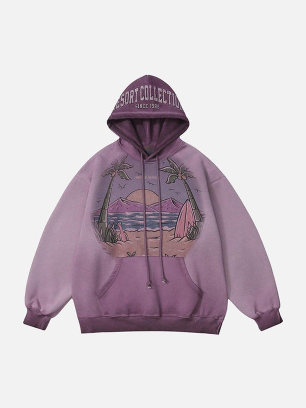 Purple vintage gradient hooded sweatshirt by TALISHKO, featuring a sunset beach design.
