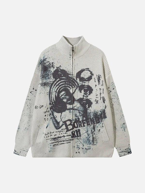 Front view of a gray vintage graffiti zip-up cardigan by TALISHKO, featuring bold street-style graphics.
