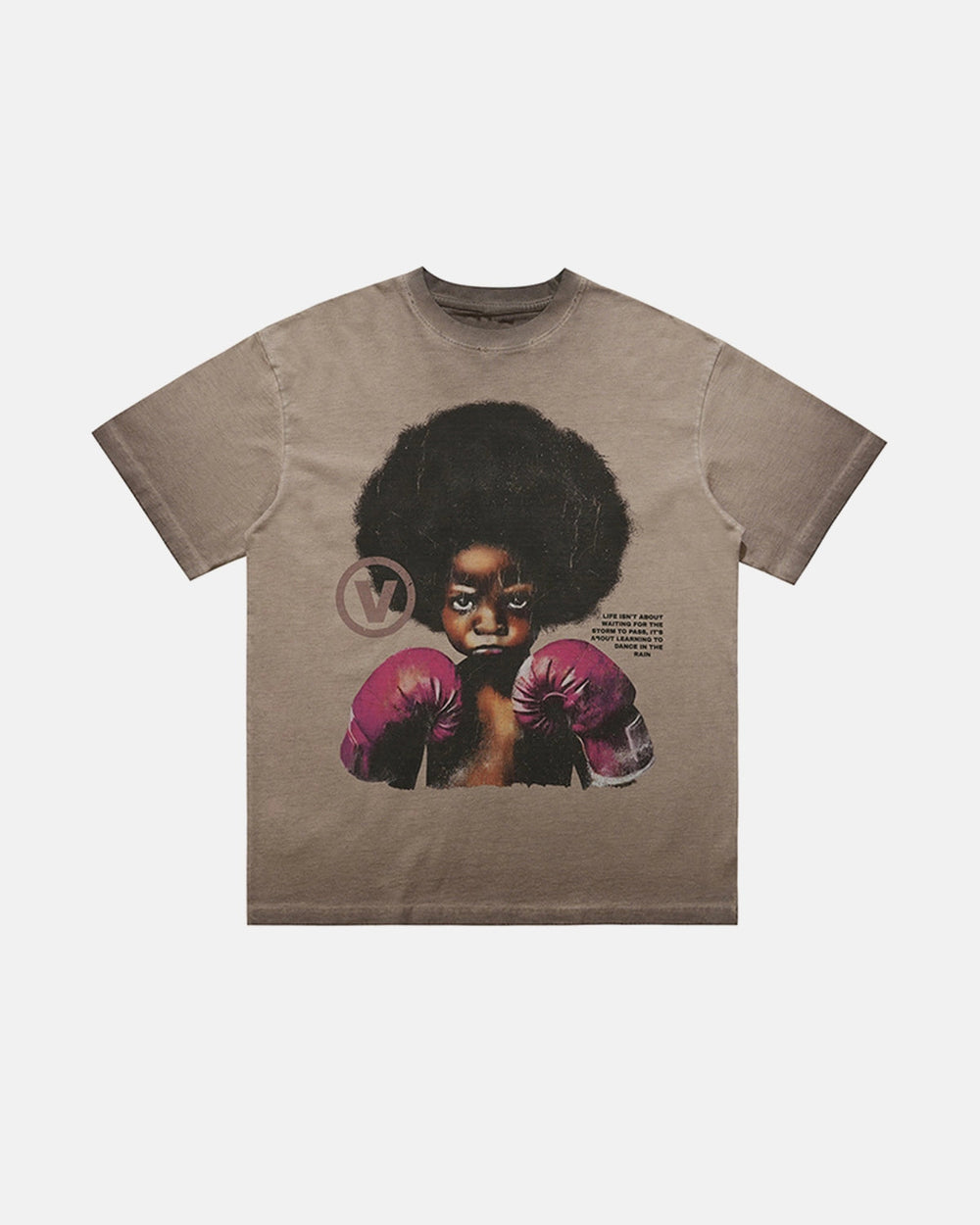 TALISHKO Khaki oversized graphic tee flat lay showing washed finish and ribbed crew neck