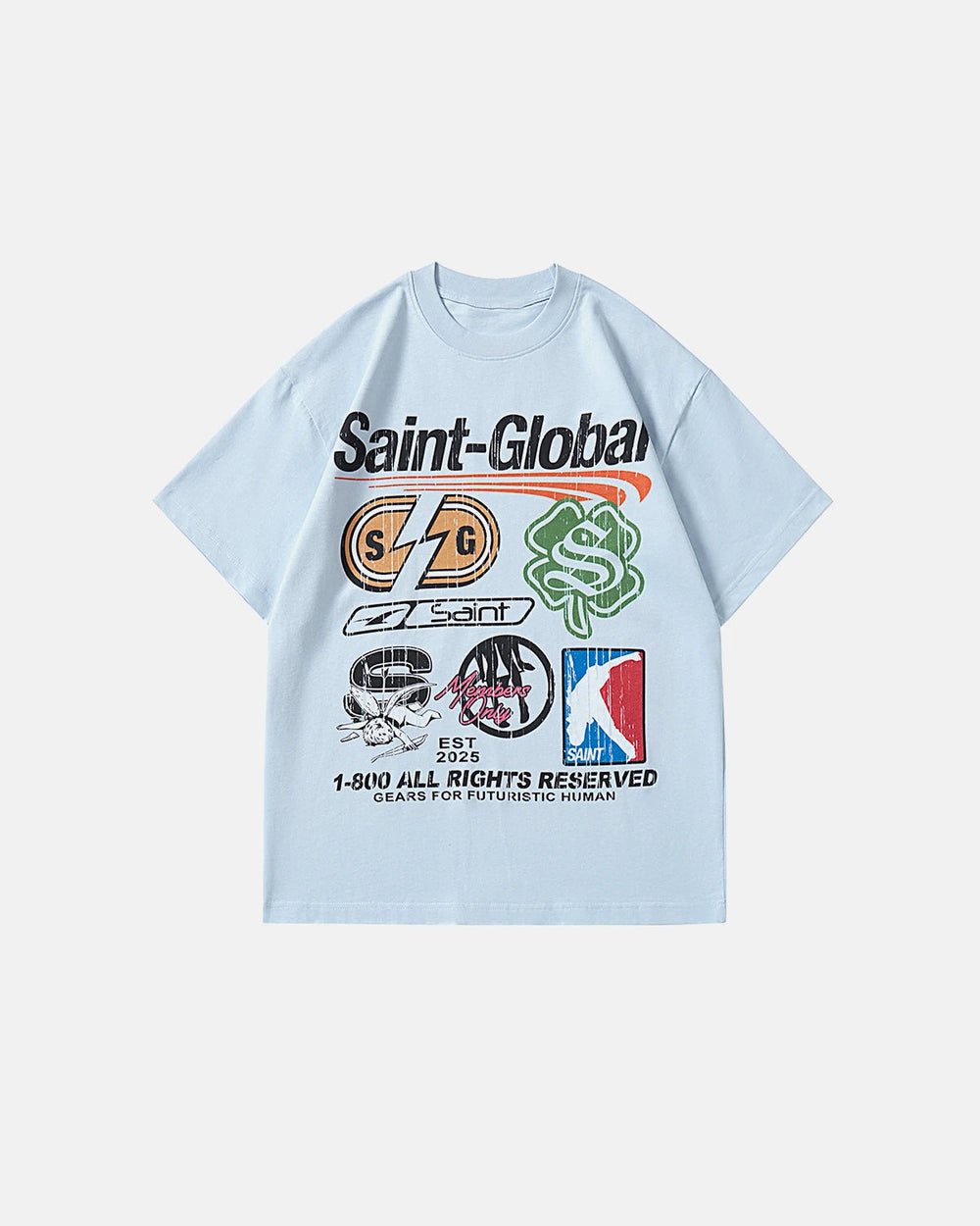TALISHKO Blue oversized tee with vintage Saint-Global collage graphic, front flat lay