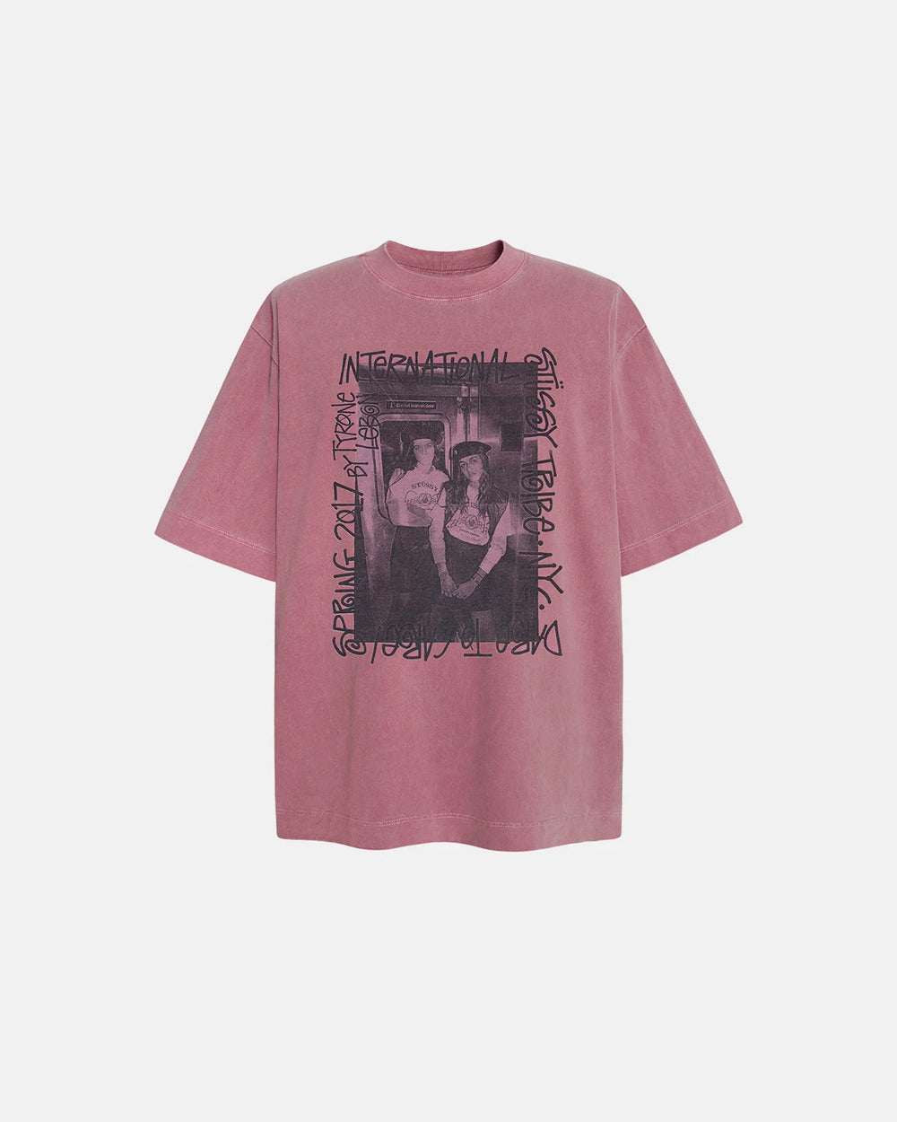 TALISHKO Pink oversized T-shirt with vintage washed graphic print, laid flat