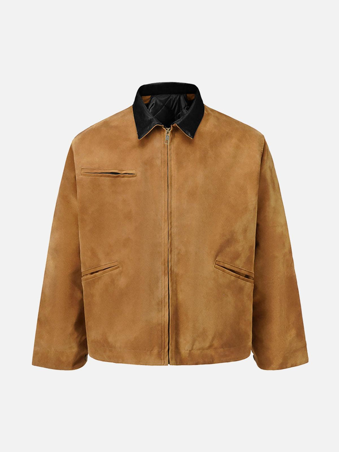 Front view of a brown suede quilted work jacket by TALISHKO, featuring a contrasting collar.
