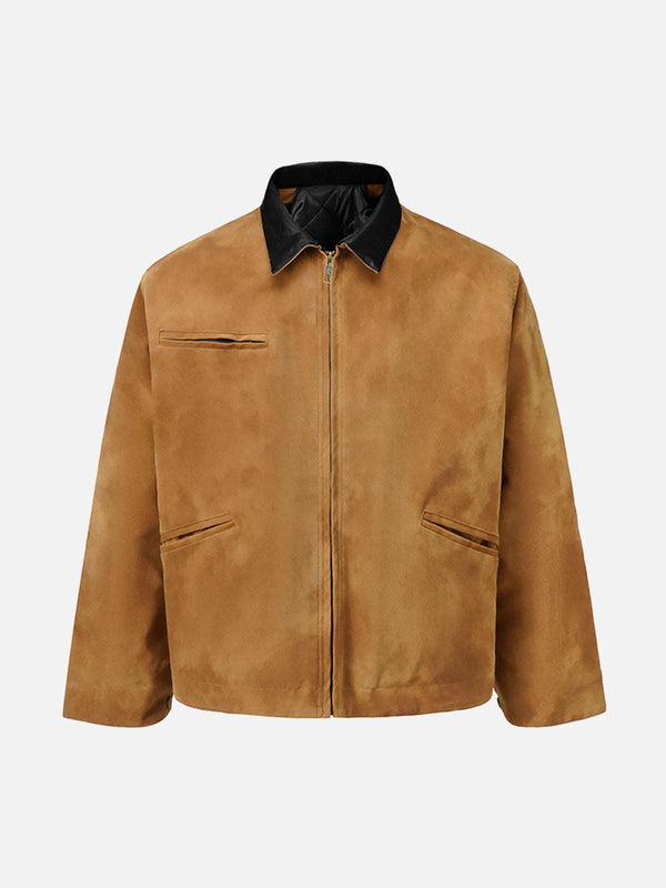 Front view of a brown suede quilted work jacket by TALISHKO, featuring a contrasting collar.