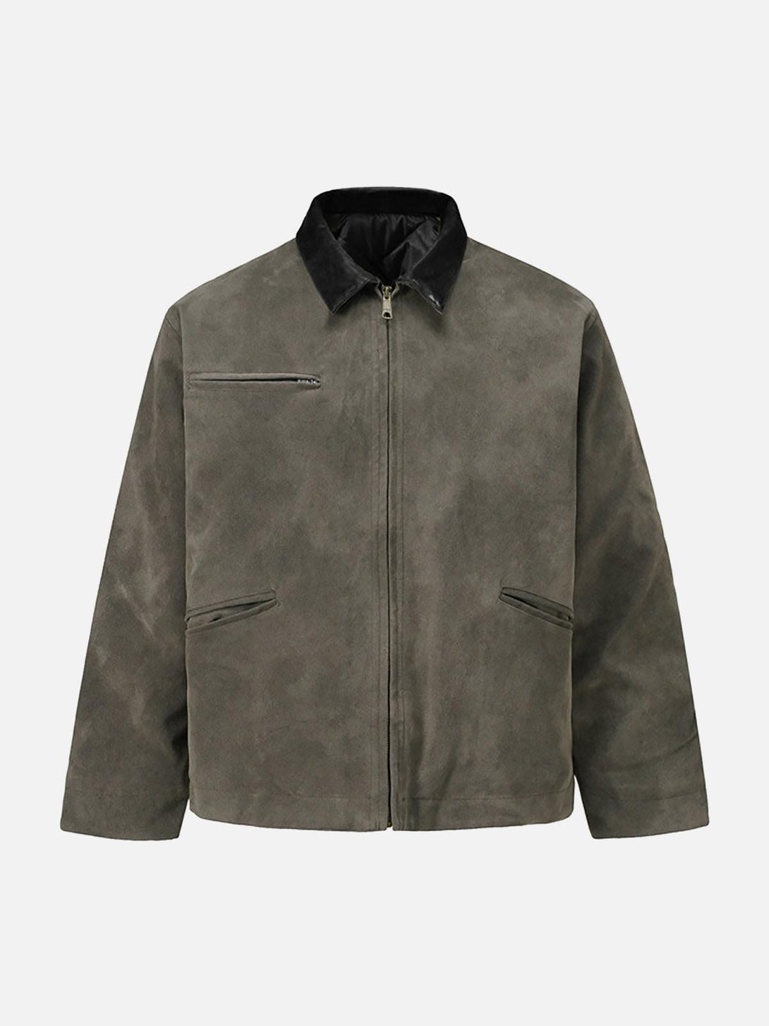 Front view of a green suede quilted work jacket by TALISHKO, featuring a sleek design.