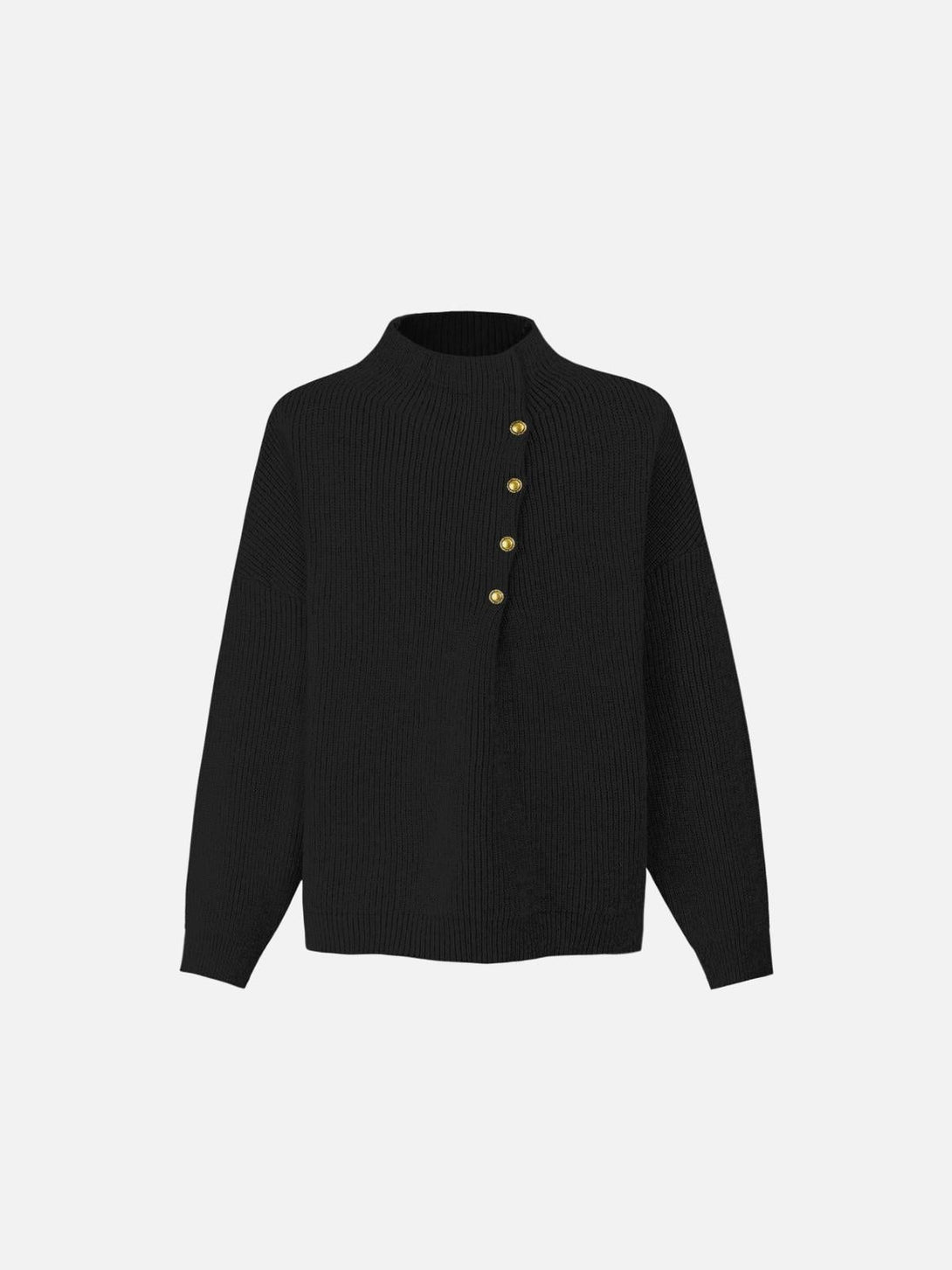Front view of a black high-neck leisure sweater by TALISHKO, accented with gold buttons.