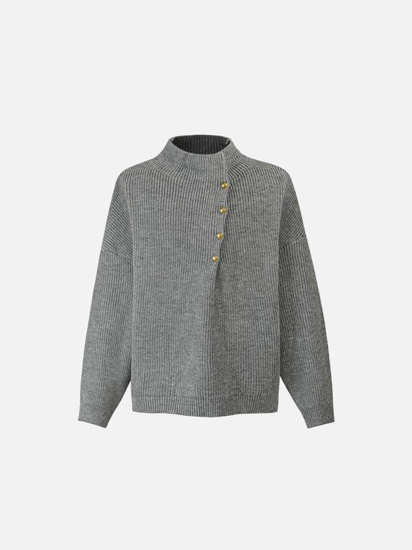 Front view of a dark gray high-neck leisure sweater by TALISHKO, featuring gold buttons.