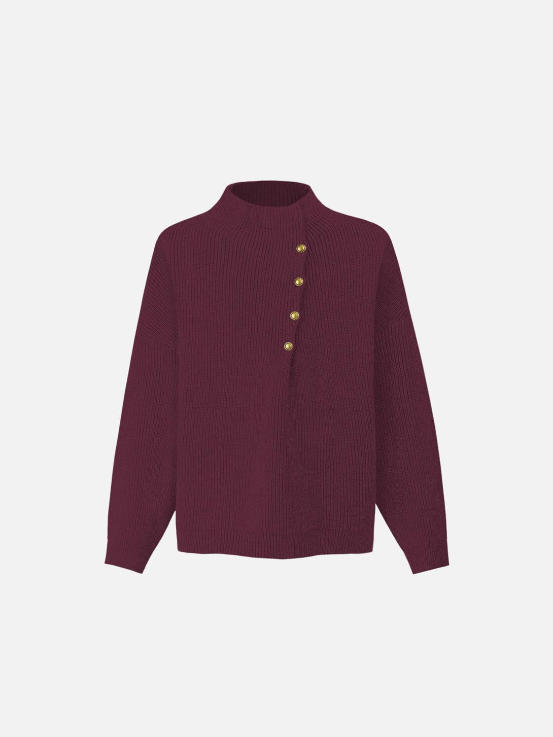 Front view of a jujube high-neck leisure sweater by TALISHKO, featuring elegant gold buttons.