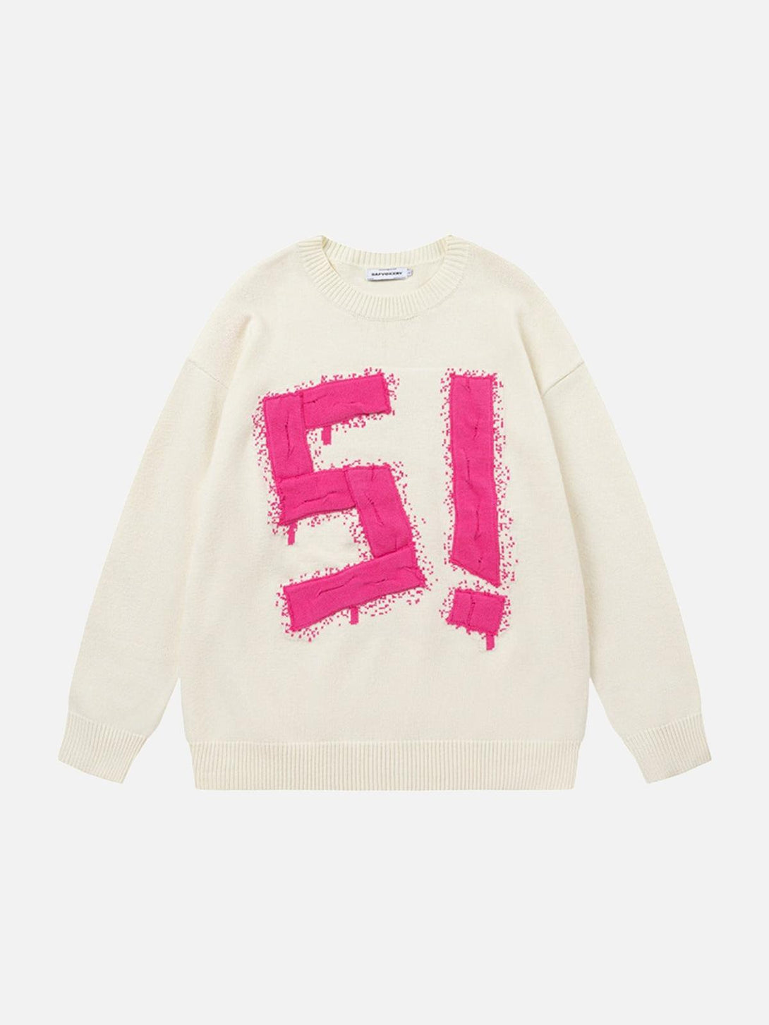 Front view of an apricot sweater by TALISHKO with pink graffiti-style embroidery design.